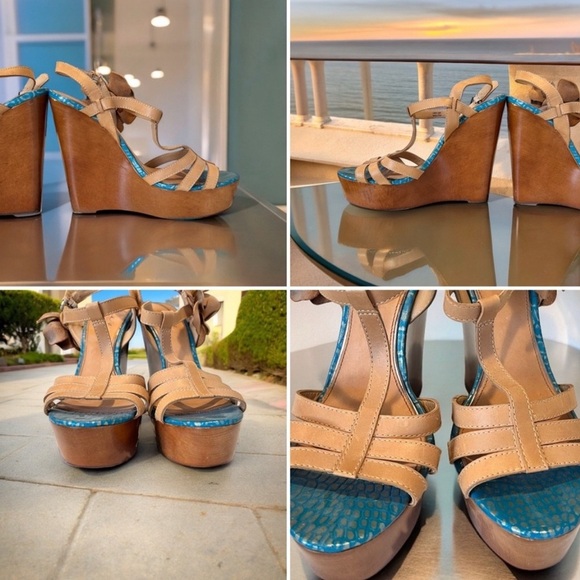 Badgley Mischa. Wooden wedge heeled sandals Gorgeous Flower Leather Wood - Picture 15 of 16